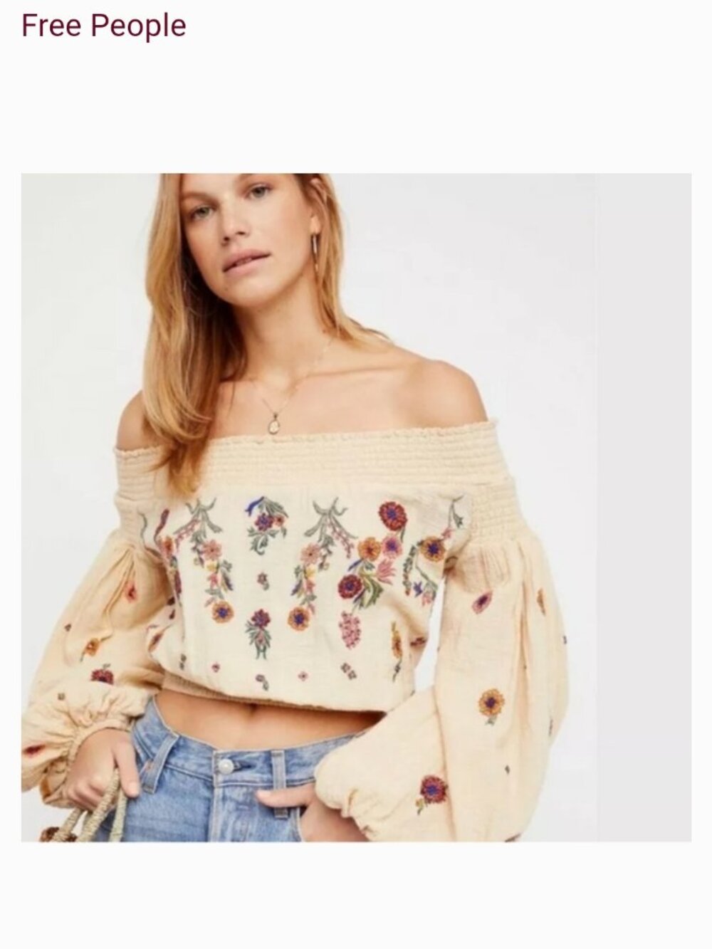 Free People Off The Shoulder Floral Embroidered top, Size Medium